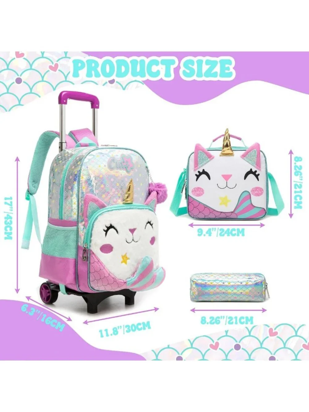 Cute Girls' Rolling Backpack for Kids - Black Travel Luggage for School & Play